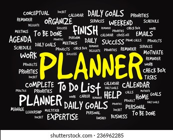 Word cloud of PLANNER related items, vector presentation background
