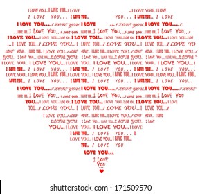 Word cloud of red I love you message in various fonts in a form of heart