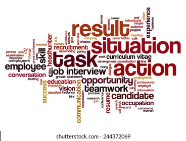Word cloud related to behavioral job interview with keywords Situation, Task, Action and Result emphasized - STAR model