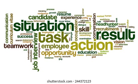 Word cloud related to behavioral job interview with keywords Situation, Task, Action and Result emphasized - STAR model