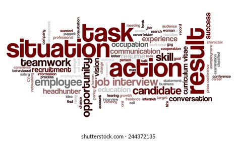 Word cloud related to behavioral job interview with keywords Situation, Task, Action and Result emphasized - STAR model