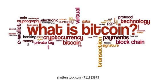 Word cloud related to bitcoin, cryptocurrency, virtual money and transactions; words "what is bitcoin?" emphasized