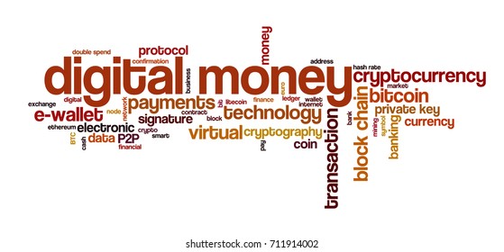 Word cloud related to bitcoin, cryptocurrency, virtual money and transactions; word "digital money" emphasized