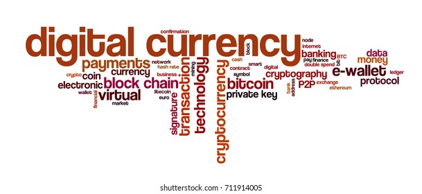 Word cloud related to bitcoin, cryptocurrency, virtual money and transactions; word "digital currency" emphasized