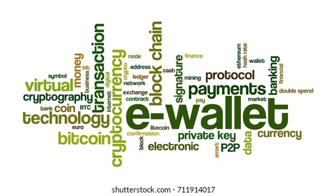 Word cloud related to bitcoin, cryptocurrency, virtual money and transactions; word "e-wallet" emphasized