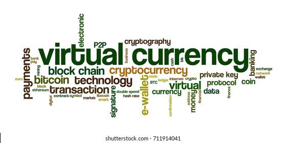Word cloud related to bitcoin, cryptocurrency, virtual money and transactions; word "virtual currency" emphasized