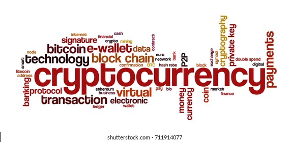 Word cloud related to bitcoin, cryptocurrency, virtual money and transactions; word "cryptocurrency" emphasized