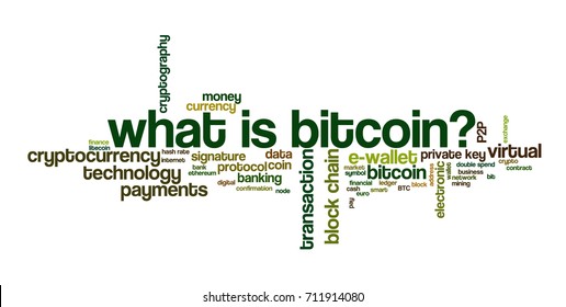Word cloud related to bitcoin, cryptocurrency, virtual money and transactions; words "what is bitcoin?" emphasized