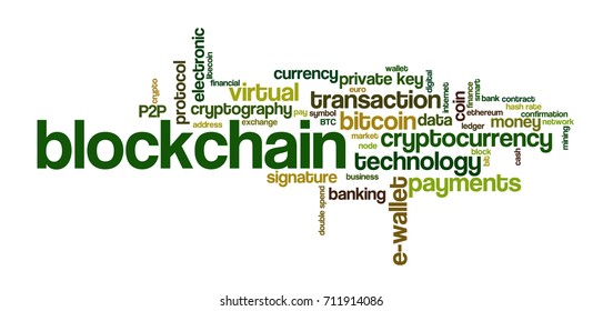 Word cloud related to bitcoin, cryptocurrency, virtual money and transactions; word "blockchain" emphasized
