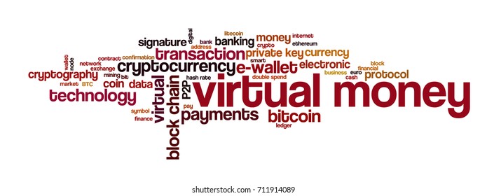 Word cloud related to bitcoin, cryptocurrency, virtual money and transactions; words "virtual money" emphasized
