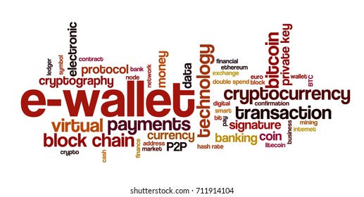 Word cloud related to bitcoin, cryptocurrency, virtual money and transactions; word "e-wallet" emphasized