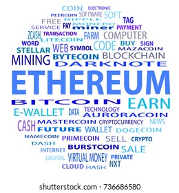 Word cloud related to bitcoin, cryptocurrency, virtual money and transactions; word "cryptocurrency" emphasized.EPS 10.
