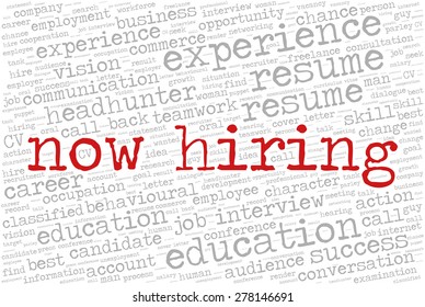 Word cloud related to job interview, employment and recruitment. Words "Now hiring" emphasized. 
