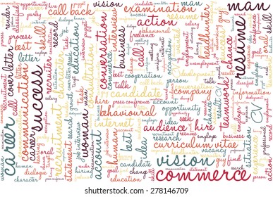 Word cloud related to job interview, employment and recruitment, in handwritten font.