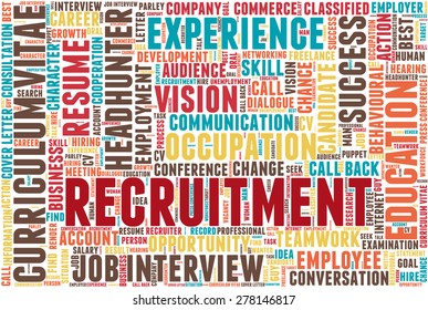 Word cloud related to job interview, employment and recruitment. Word "recruitment" emphasized.