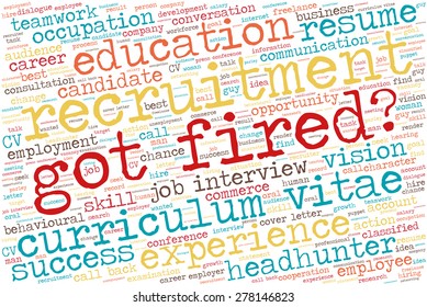 Word cloud related to job interview, employment and recruitment. Words "Got fired?" emphasized.