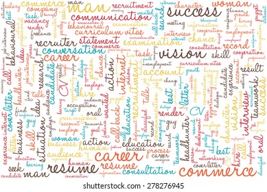 Word cloud related to job interview, employment and recruitment, in handwritten font.