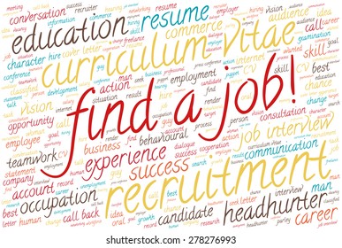 Word cloud related to job interview, employment and recruitment. Words "find a job!" emphasized.
