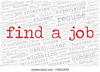 Word cloud related to job interview, employment and recruitment. Words "Find a job" emphasized.