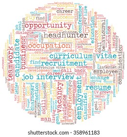 Word cloud related to job interview, employment and recruitment in shape of circle