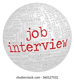 Word cloud related to job interview, employment and recruitment in the shape of the sphere. Words "Job interview" emphasized.