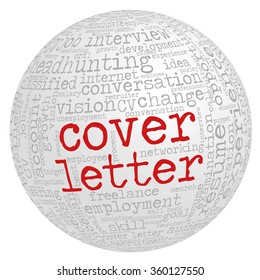 Word cloud related to job interview, employment and recruitment in the shape of the sphere. Words "Cover letter" emphasized.