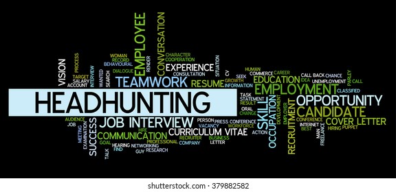 Word cloud related to job interview, employment, headhunting and recruitment