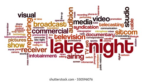 Word cloud related to TV business, with keywords dealing with broadcasting, television, communication, documentary, infotainment, entertainment, tv shows