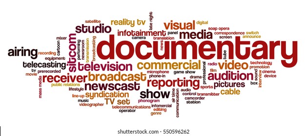 Word cloud related to TV business, with keywords dealing with broadcasting, television, communication, documentary, infotainment, entertainment, tv shows
