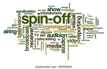Word cloud related to TV business, with keywords dealing with broadcasting, television, communication, documentary, infotainment, entertainment, tv shows