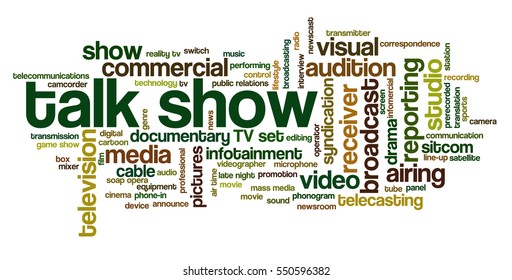 Word cloud related to TV business, with keywords dealing with broadcasting, television, communication, documentary, infotainment, entertainment, tv shows