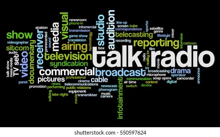 Word cloud related to TV business, with keywords dealing with broadcasting, television, communication, documentary, infotainment, entertainment, tv shows