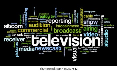 Word cloud related to TV business, with keywords dealing with broadcasting, television, communication, documentary, infotainment, entertainment, tv shows