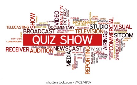 Word cloud related to TV business, with keywords dealing with broadcasting, television, communication, documentary, infotainment, entertainment, tv shows; word "quiz show" emphasized