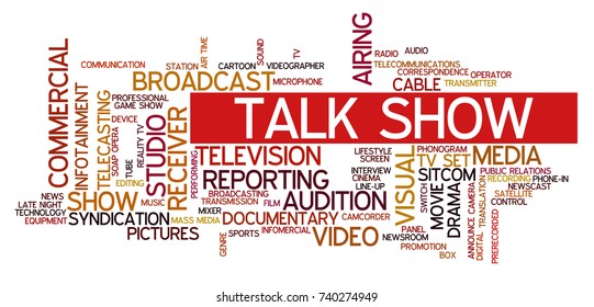 Word cloud related to TV business, with keywords dealing with broadcasting, television, communication, documentary, infotainment, entertainment, tv shows; word "talk show" emphasized