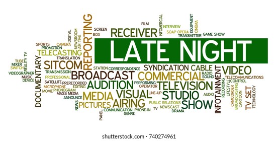 Word cloud related to TV business, with keywords dealing with broadcasting, television, communication, documentary, infotainment, entertainment, tv shows; word "late night" emphasized