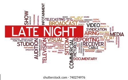 Word cloud related to TV business, with keywords dealing with broadcasting, television, communication, documentary, infotainment, entertainment, tv shows; word "late night" emphasized