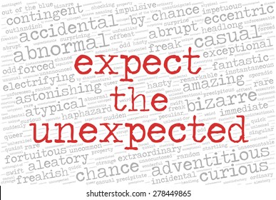 Word cloud related to unexpected and unusual things. Words "Expect the unexpected" emphasized