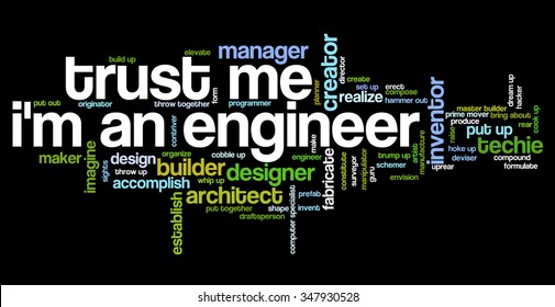 Word cloud with saying "Trust me, I'm an engineer" with terms related to engineering