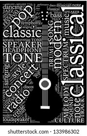 Word Cloud In A Shape Of Acoustic Guitar With Music Terms. White Text On Black Background.