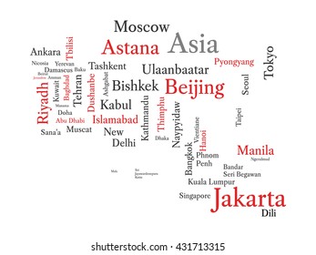 Word cloud in a shape of continent contains all Asian capitals. Conceptual Asian map in black and red font isolated on white. Vector illustration.