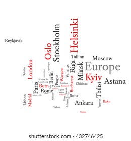 Word cloud in a shape of continent, contains all European capitals. Conceptual European map in black and red font, isolated on white. Vector illustration.