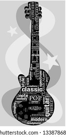 Word Cloud In A Shape Of Electric Guitar With A Music Terms. White Text On Black Background.