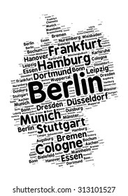 Word cloud in a shape of Germany contains large german cities. Black text on white background in positive slope, vector illustration