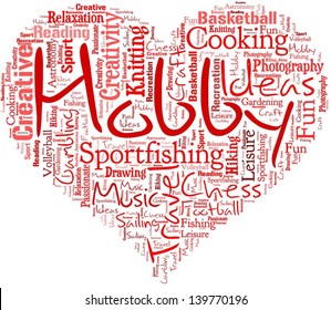 Word cloud in a shape of heart with hobby terms.