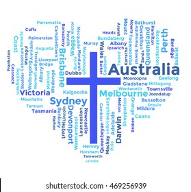 Word Cloud of the Shape of Heart , with Names of Geographic Area and Major Cities of Australia. And A Cross in the Center. Concept of Gospel for the Australia 