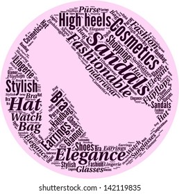 Word cloud in a shape of high heel. The shoe is made of different female fashion accessories.