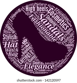 Word cloud in a shape of high heel. The shoe is made of different female fashion accessories.