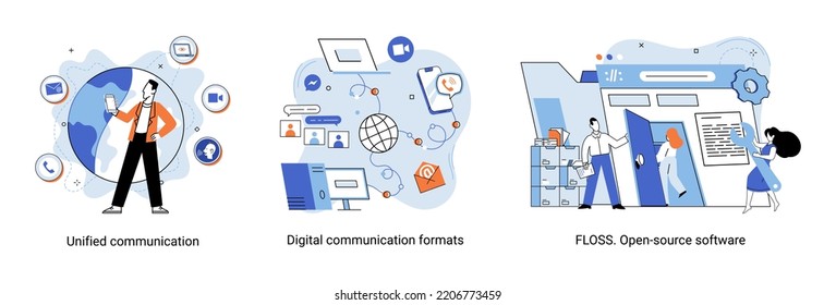 Word cloud of software related items. Digital communication formats, floss, open source software. Unified conversation modern technology. Ways interaction with gadgets, messages and email. E-learning