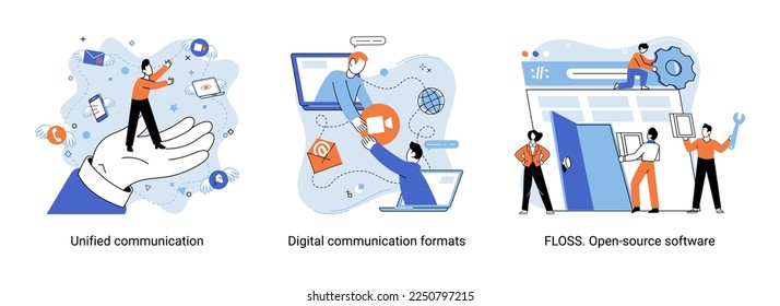 Word cloud of software related items. Digital communication formats, floss, open source software. Unified conversation modern technology. Ways interaction with gadgets, messages and email. E-learning